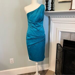 David's Bridal Malibu Blue One-Shoulder Dress